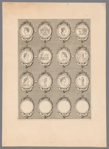 Zestien penningen met versierde lijsten, waarvan vier blanco by Simon de la Boissière, print, 1647-1682