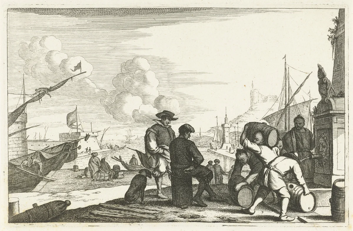 Haven met kooplieden met lading by Johannes Gronsveld, print, 1679-1728