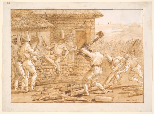 Punchinello Chopping Logs by Giovanni Domenico Tiepolo, drawing, 1780-1804