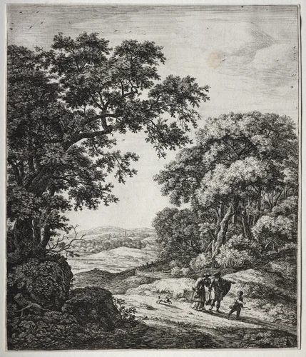 Six large upright landscapes with scenes from the Old Testament: Abraham Dismissing Hagar and Ishmael by Anthonie Waterloo, print, 1640-1690