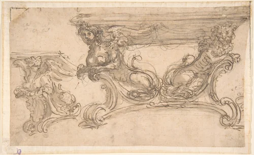 Designs for a Table with Three Variations for the Shape of the Supports by anonymous, drawing, 1600-1699