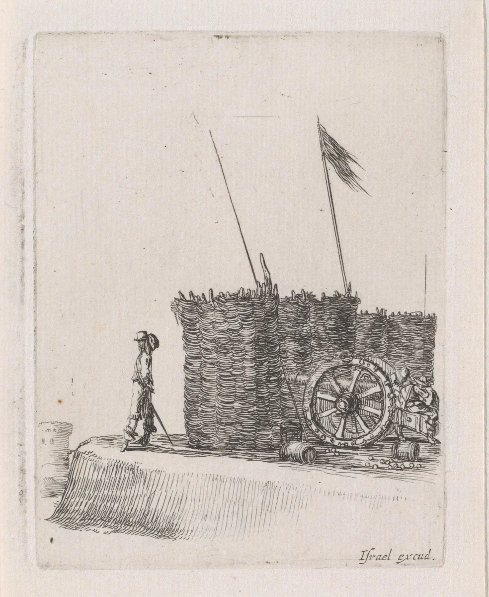 Een soldaat op de uitkijk en een kanon achter rieten bescherming by Stefano della Bella, print, 1620-1664