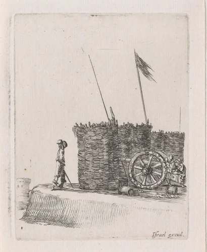 Een soldaat op de uitkijk en een kanon achter rieten bescherming by Stefano della Bella, print, 1620-1664