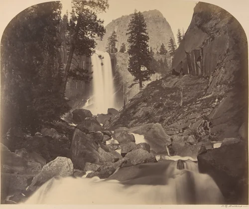 Mt. Broderick in Distant Centre, Piroyac, Falling Chrystals, Vernal Fall by Carleton E. Watkins, photograph, 1861
