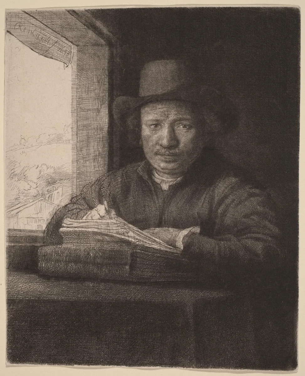 Self-Portrait Drawing at a Window by Rembrandt van Rijn, print, 1648