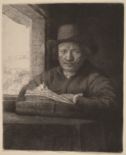 Self-Portrait Drawing at a Window by Rembrandt van Rijn, print, 1648