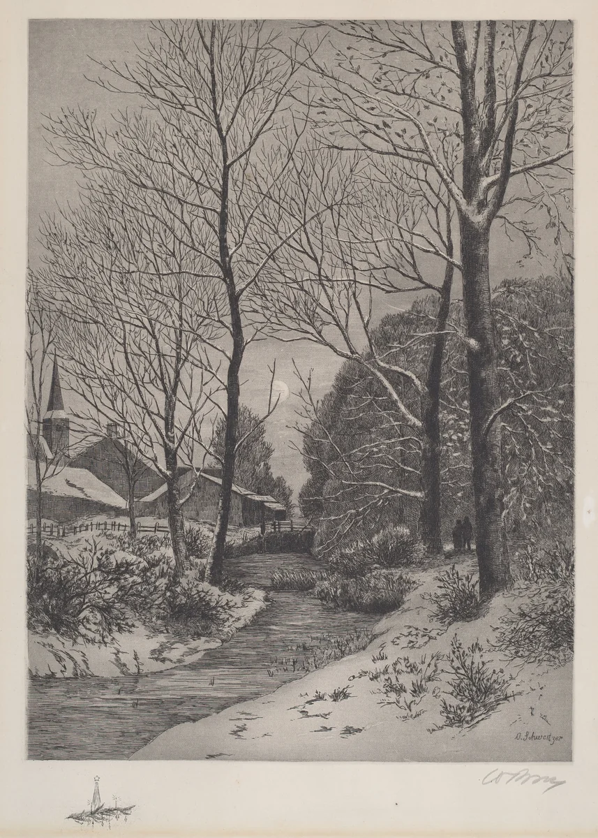 Moonlit Stroll in Winter by American 19th Century, print, 1880-1889