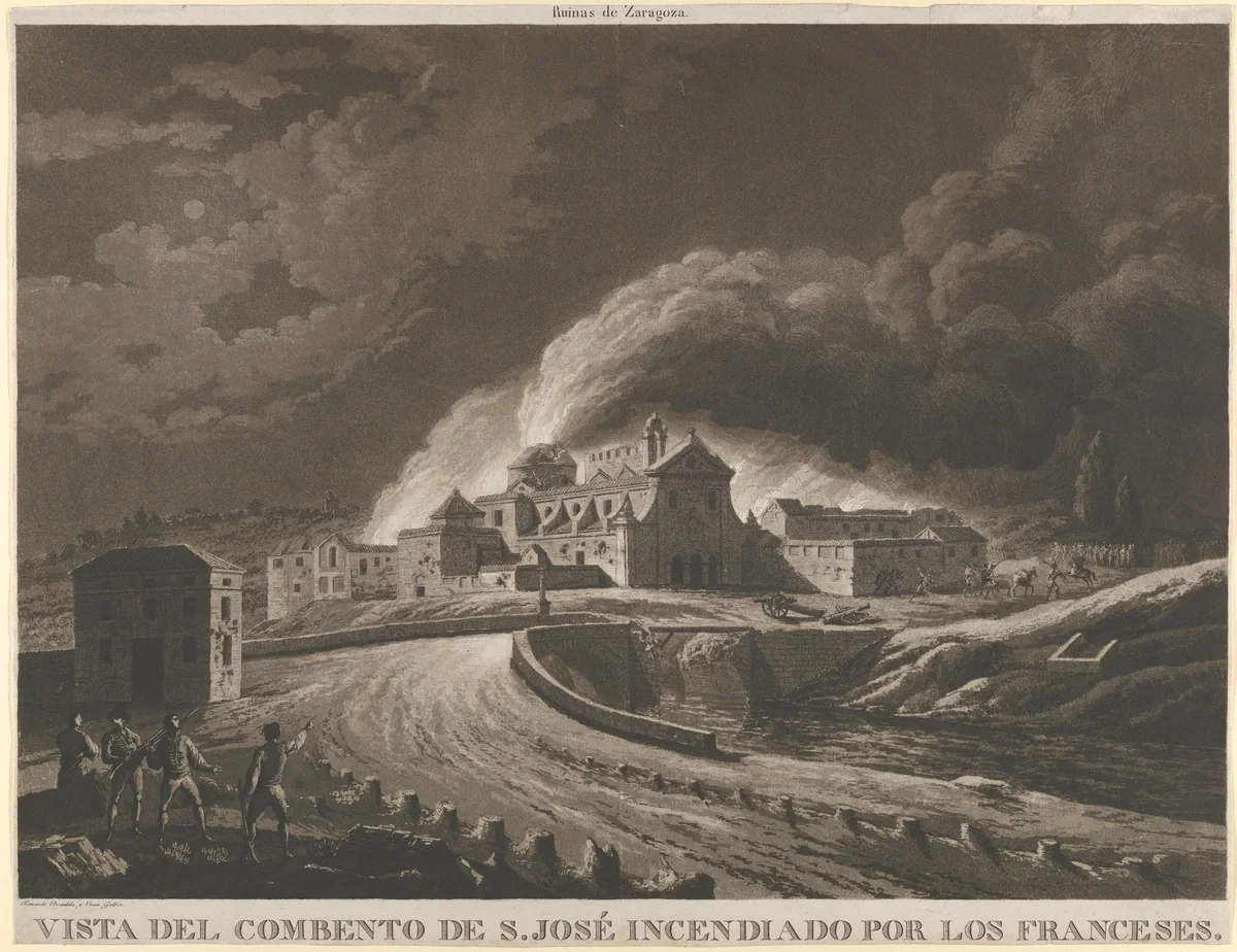 View of the Convent of San José in Saragossa set alight after bombing by the invading French army during the Napoleonic war in Spain by Fernando Brambila, print, 1808-1814
