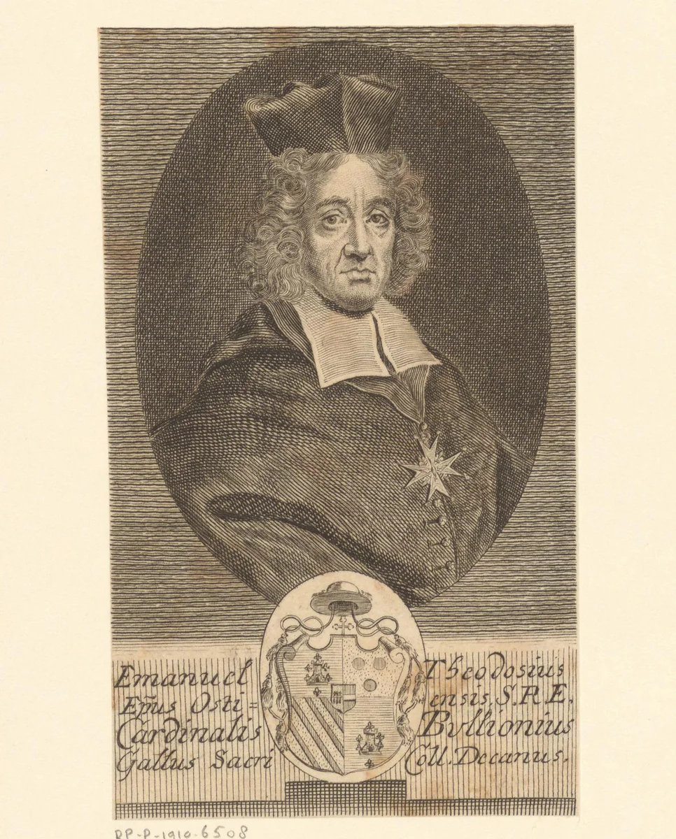 Portret van Emmanuel Théodose de la Tour d'Auvergne, kardinaal van Bouillon by Martin Bernigeroth, print, 1700-1733