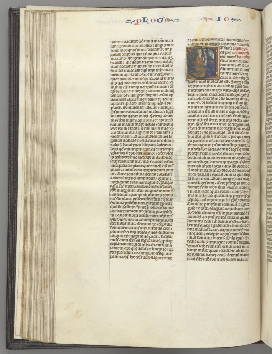 Fol. 76v, Joshua, historiated initial E, Joshua with a scroll kneeling before God by Unknown, book, 1270-1300