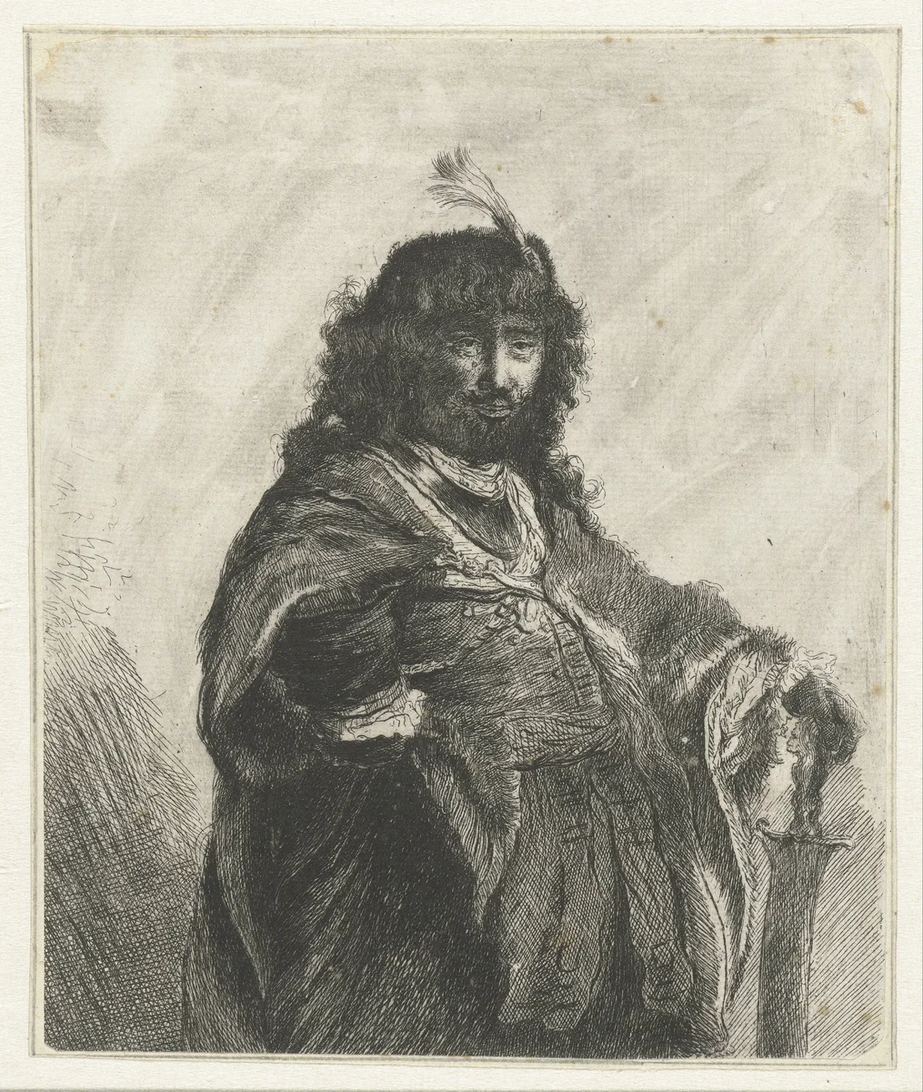 Self-portrait (?) with plumed cap and lowered sabre by anonymous, print, 1634
