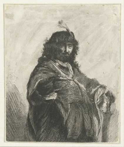 Self-portrait (?) with plumed cap and lowered sabre by anonymous, print, 1634