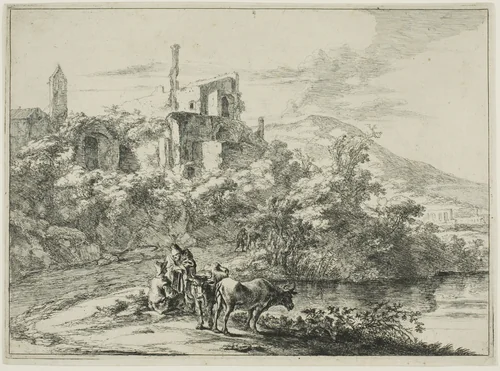 Landscape with Ruins and Two Cows at the Waterside, from a series of four horizontal Roman Landscapes by Jan Both, print, 1645-1650