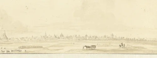 Gezicht op Emmerik, van de Mersch gezien by Justus van den Nijpoort, drawing, 1635-1700