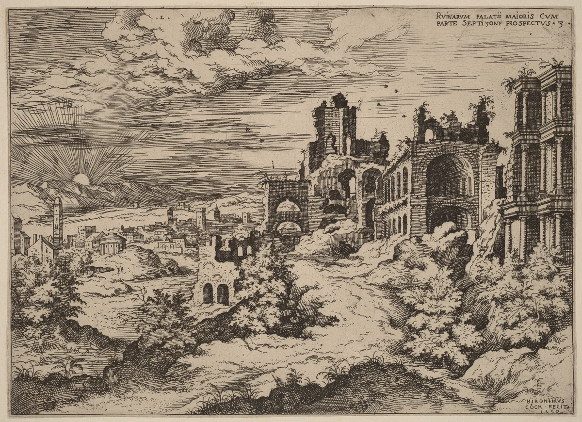 Ruins on the Palatine with a Panoramic Landscape by Hieronymus Cock, print, 1550