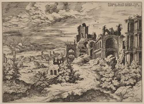 Ruins on the Palatine with a Panoramic Landscape by Hieronymus Cock, print, 1550