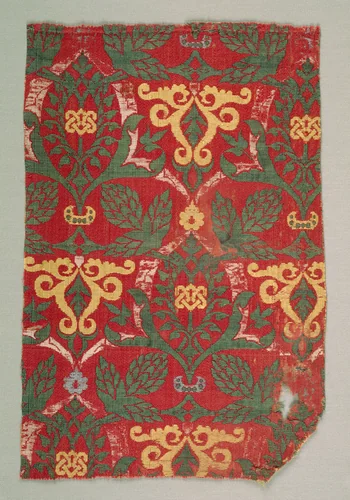 Fragment with curving vine and palmette leaves by Unknown, textile, 1400-1499