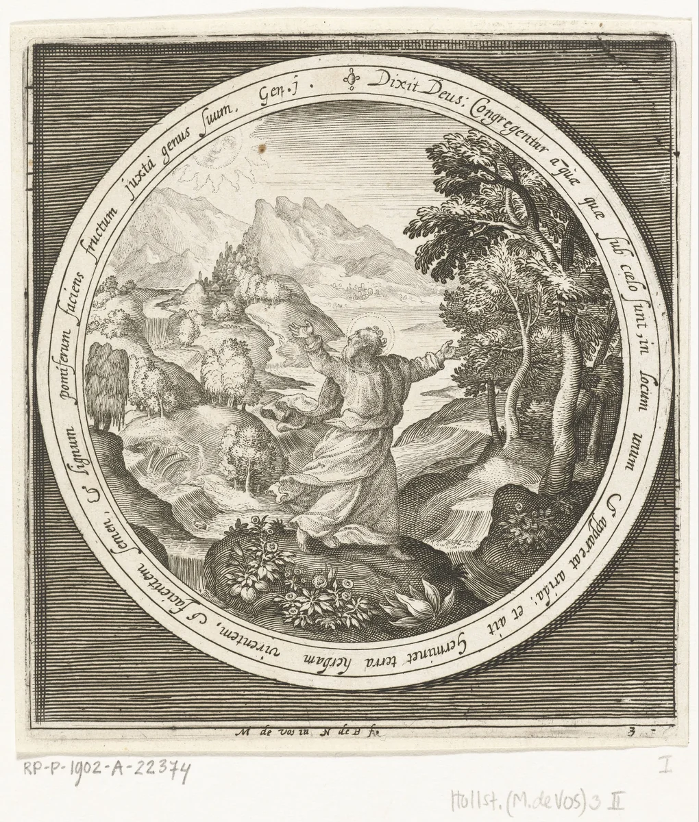Derde dag van schepping: God schept land en zaadvormende planten en bomen met vruchten die zaden dragen by Unknown, print, 1581-1656