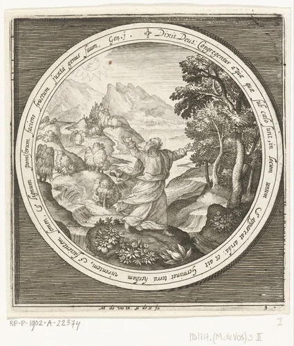 Derde dag van schepping: God schept land en zaadvormende planten en bomen met vruchten die zaden dragen by Unknown, print, 1581-1656
