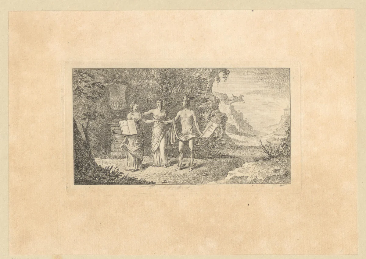 Mercurius met twee nimfen by Georg Friedrich Schmidt, print, 1774