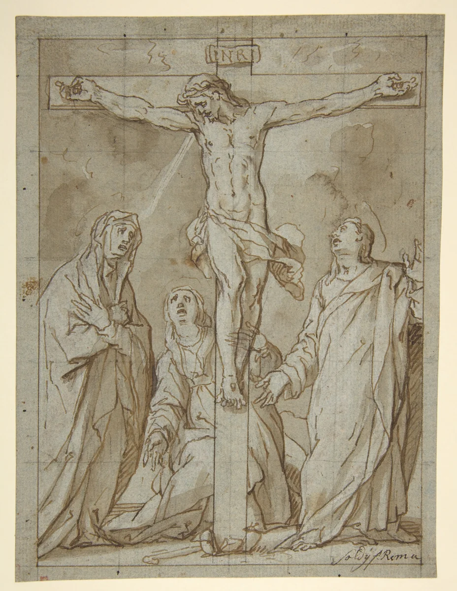 Christ Crucified, Attended by the Virgin, Saint Mary Magdalen, and Saint John the Evangelist by Lazzaro Tavarone, drawing, 1556-1641