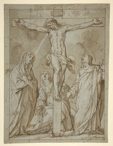 Christ Crucified, Attended by the Virgin, Saint Mary Magdalen, and Saint John the Evangelist by Lazzaro Tavarone, drawing, 1556-1641