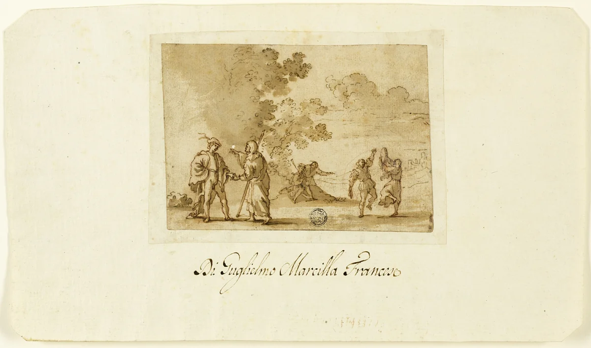 Gypsy Women and Young Men in Landscape by Guillaume Pierre Marcillat, drawing, 1495-1537