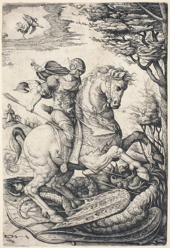 Saint George on Horseback Slaying the Dragon by Daniel Hopfer, print, 1515-1525