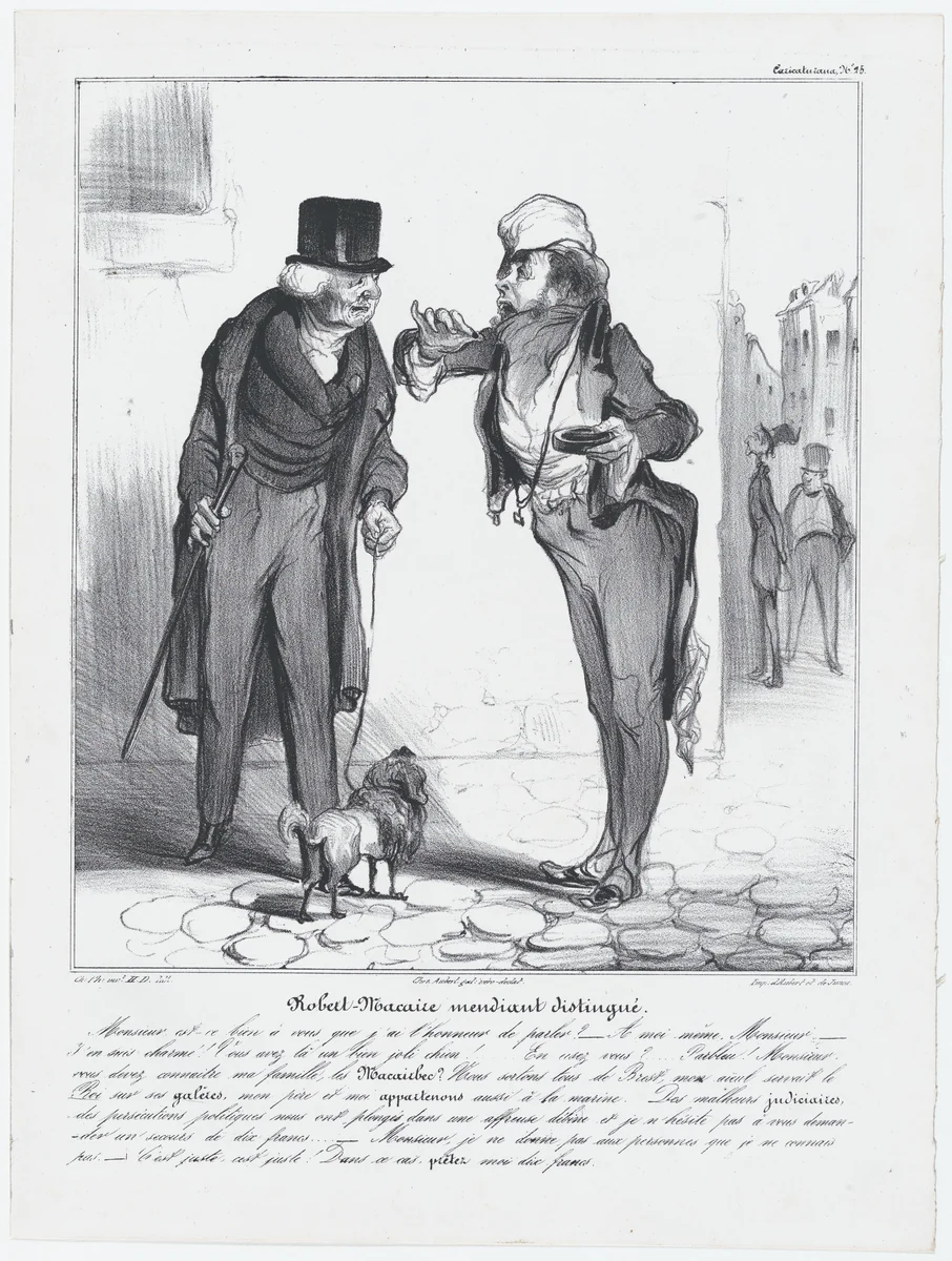 Plate 25: Robert Macaire, the genteel beggar, from 'Caricaturana,' published in Les Robert Macaires by Honoré Daumier, print, 1838