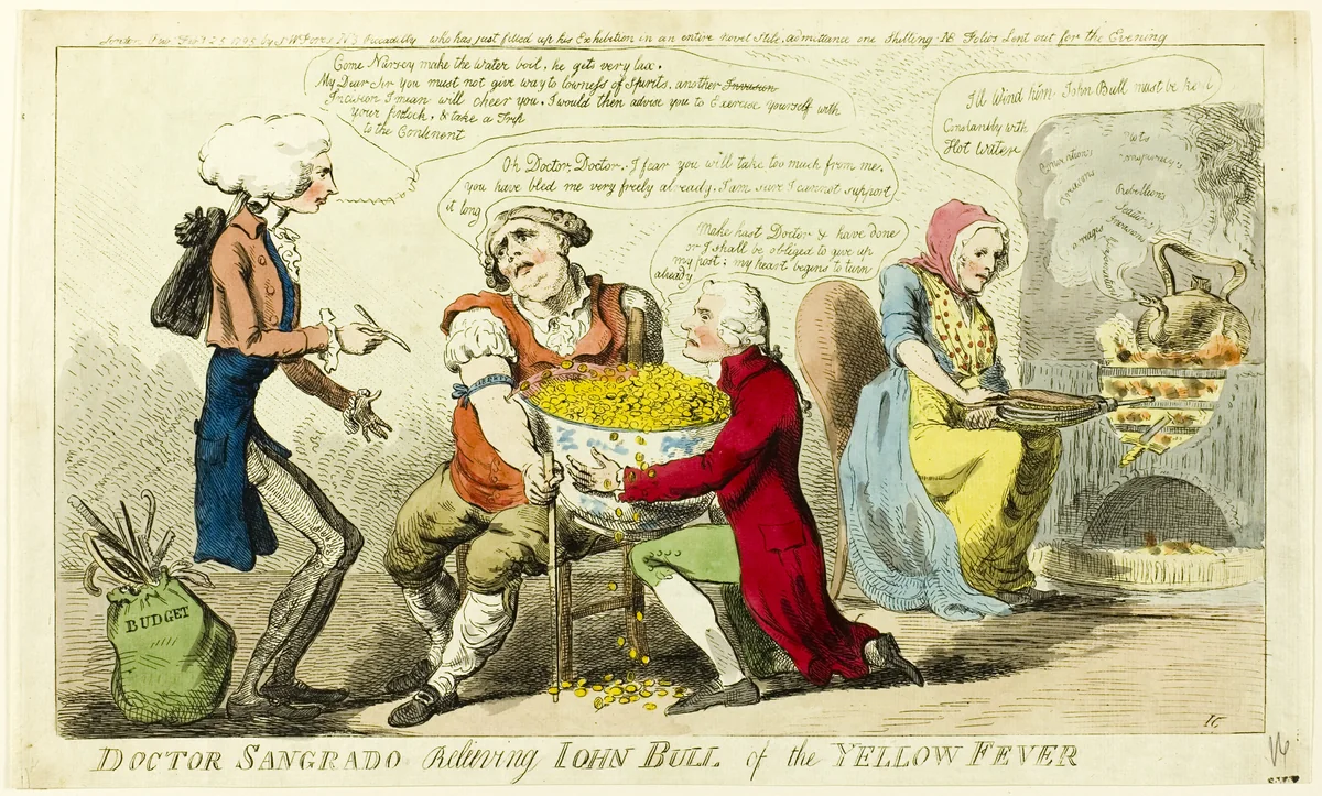 Dr. Sangrado Relieving John Bull of Yellow Fever by Isaac Cruikshank, print, 1795