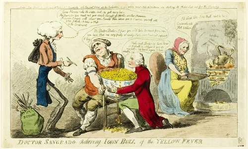 Dr. Sangrado Relieving John Bull of Yellow Fever by Isaac Cruikshank, print, 1795
