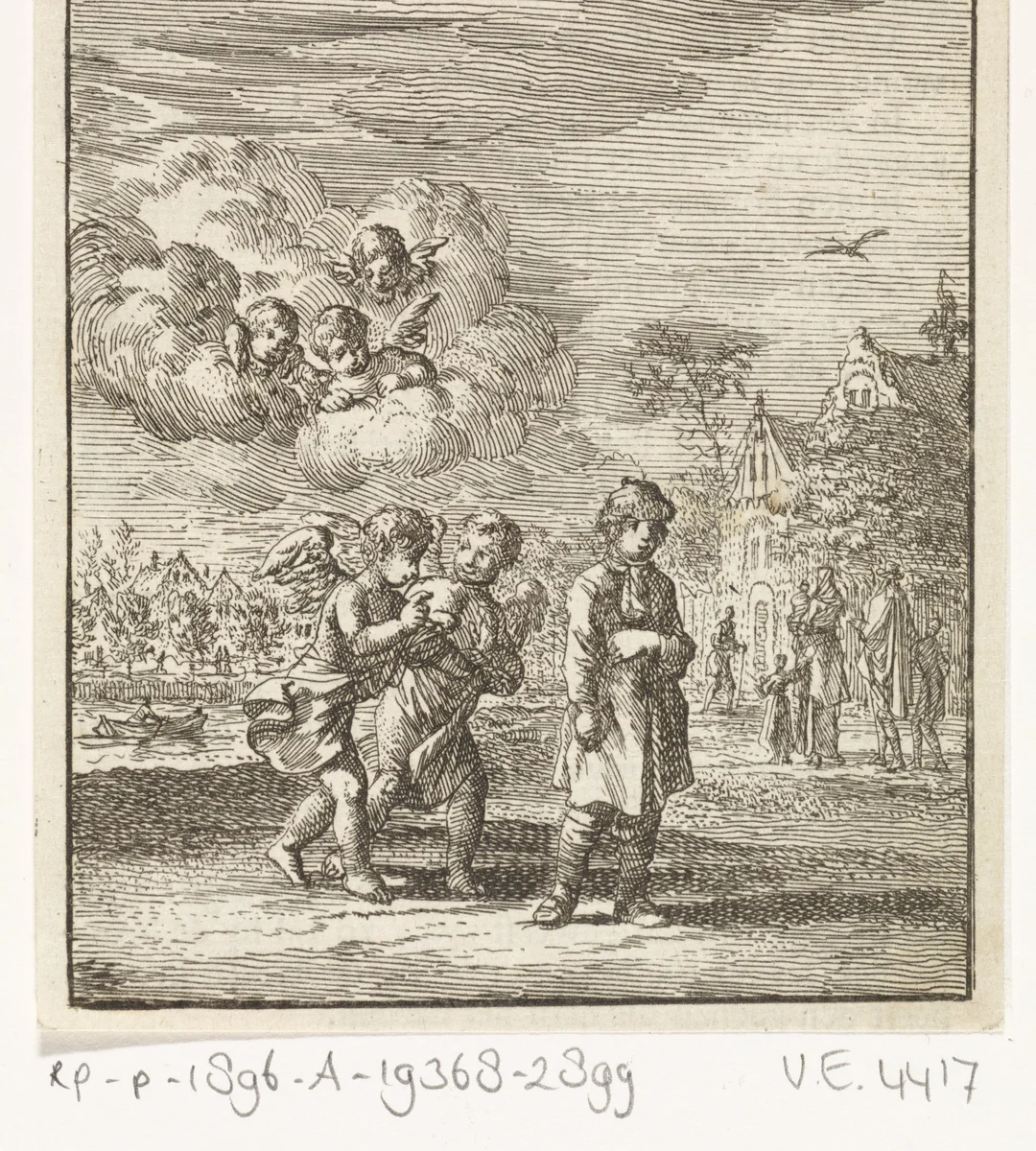 Lopend kind achtervolgd door twee engeltjes by Jan Luyken, print, 1712