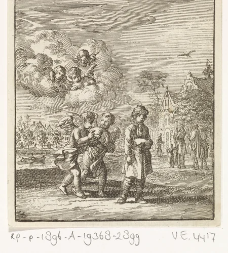 Lopend kind achtervolgd door twee engeltjes by Jan Luyken, print, 1712