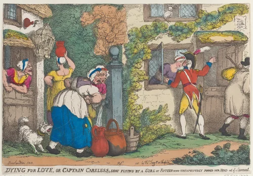 Dying for Love, or Captain Careless, Shot Flying by a Girl of Fifteen who Unexpectedly Popped Her Head out of a Casement by Thomas Rowlandson, print, 1810