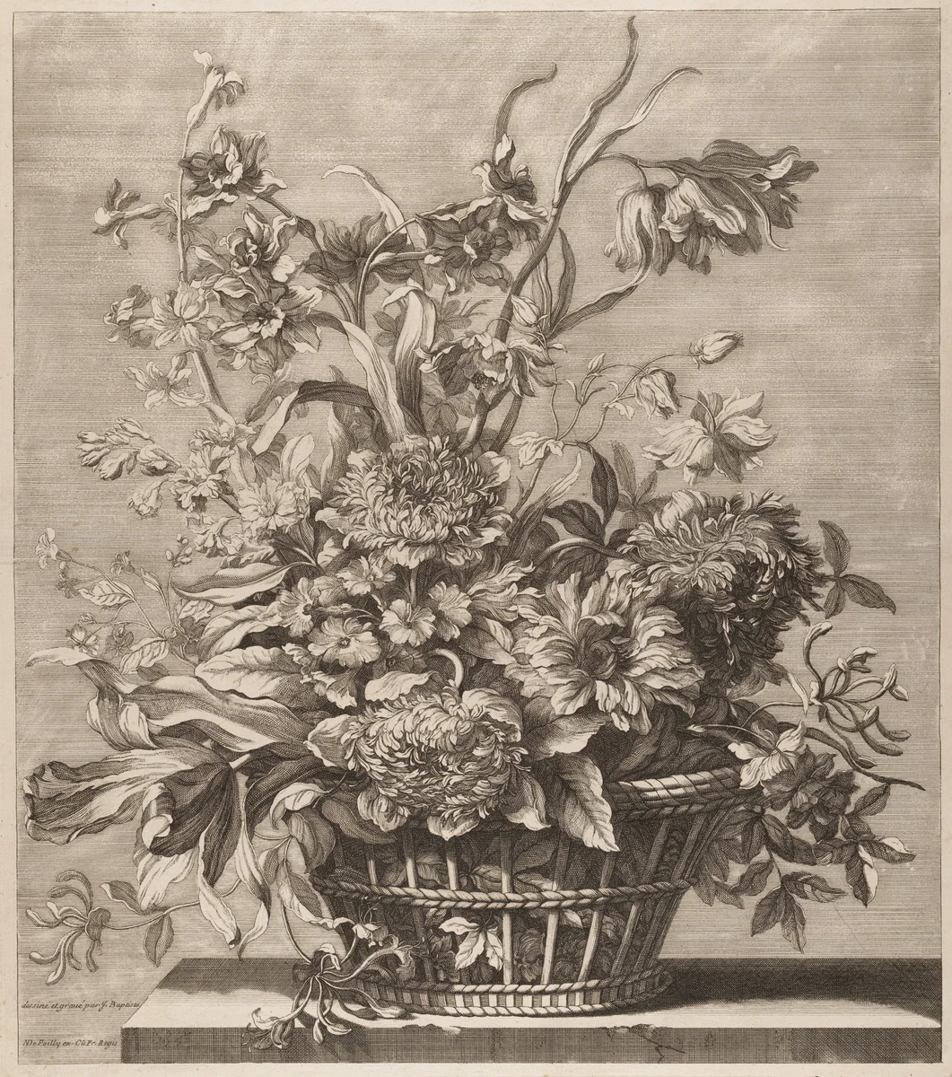 Basket of Flowers from the Book of Several Baskets of Flowers, Designed and Engraved by Baptiste Monnoyer (Livre de Plusieurs Corbeilles de Fleurs dessiné et gravé par Baptiste Monnoyer) by Jean Baptiste Monnoyer, print, 1650-1699