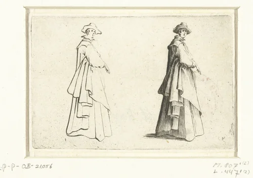 Tweemaal dezelfde vrouw (man?) met lange mantel, op de rechterzijde gezien by Jacques Callot, print, 1621