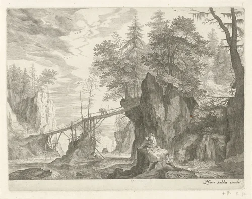 Tekenaar zittend op een steen voor een brug by Aegidius Sadeler, print, 1609