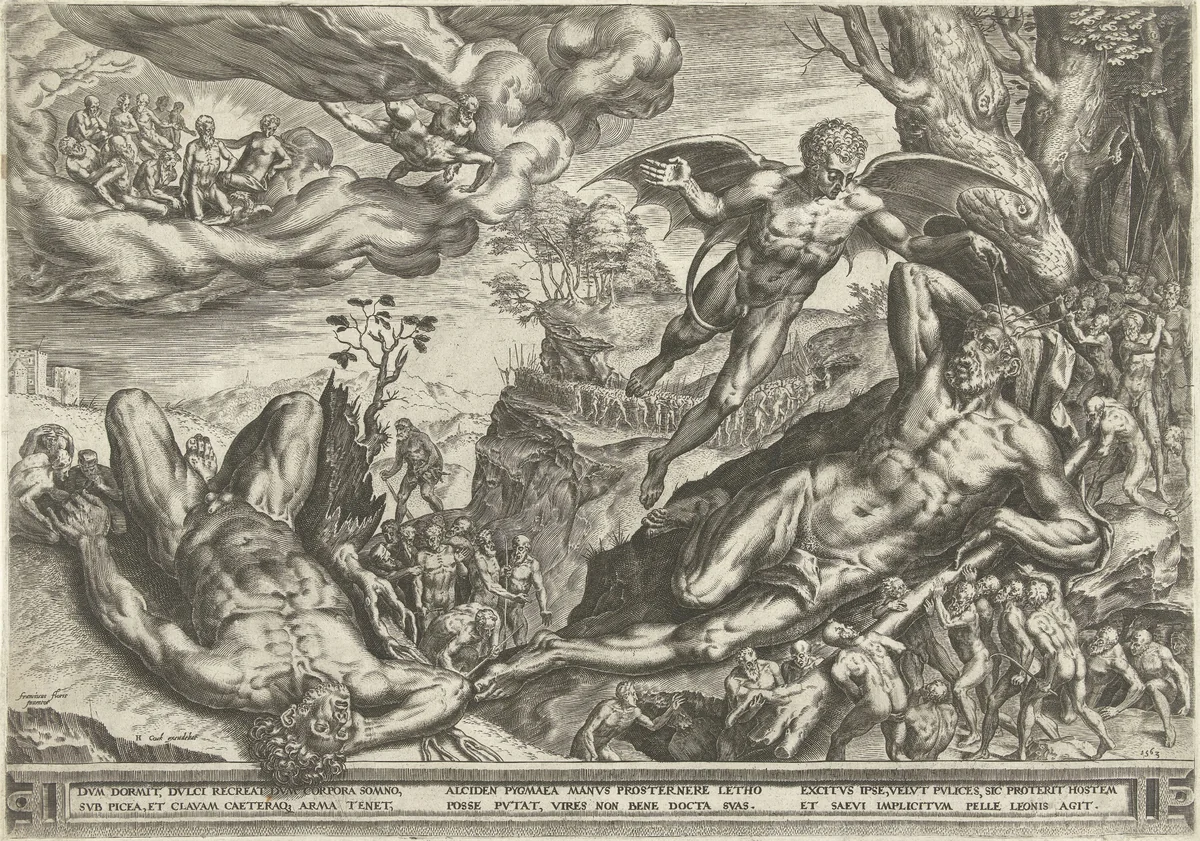 Hercules en de pygmeeën by Cornelis Cort, print, 1563