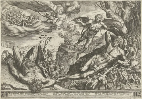 Hercules en de pygmeeën by Cornelis Cort, print, 1563