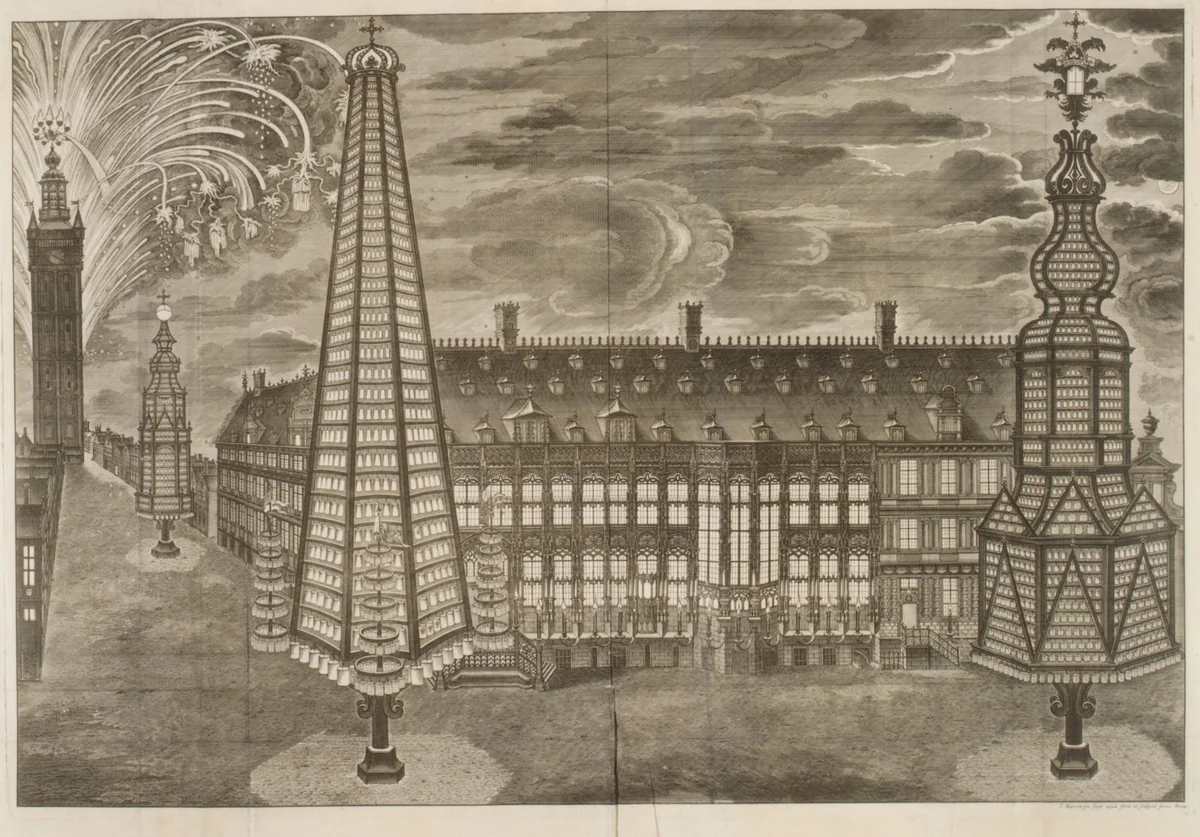 Relation de l' Inauguration Solemnelle de Sa Sacrée Majesté Imperiale et Catholique Charles VI .. comme Comte de Flandres. [Illuminations at the Hôtel de Ville and Fireworks behind the Belfry, Ghent, October 19, 1717] by Jean-Baptiste van Volsum, book, 1719