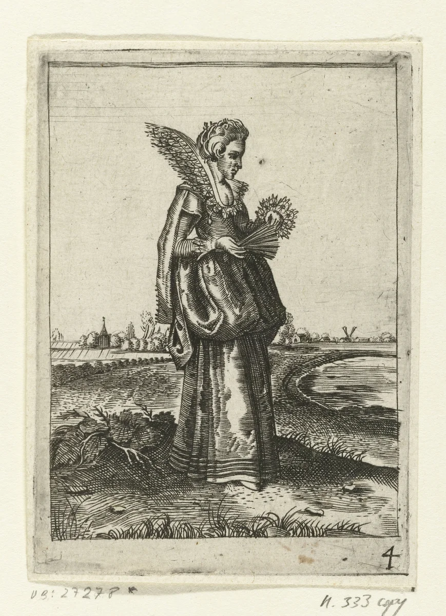 Elegante dame,  haar waaier openend by anonymous, print, 1619-1652