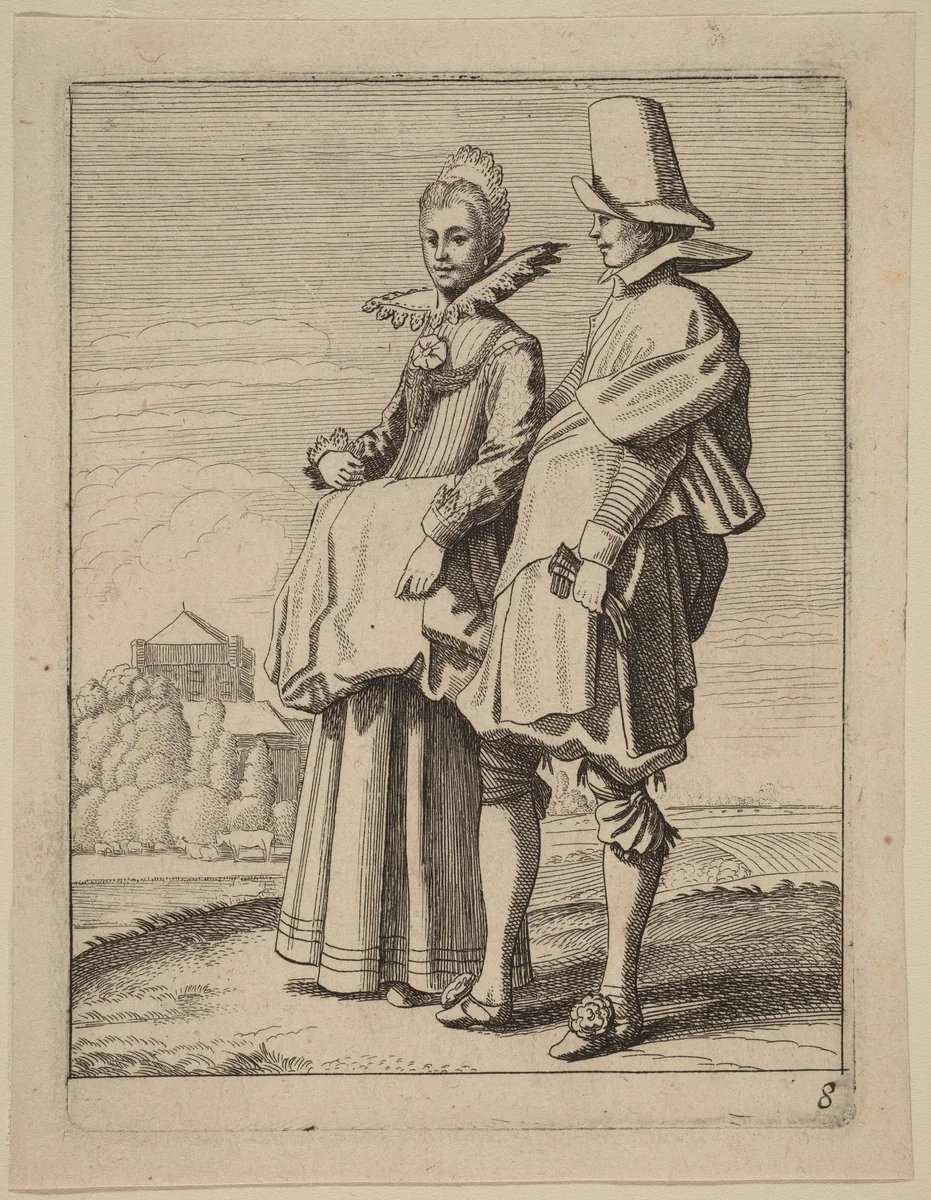 Two Figures in Costume by Jan van de Velde Claes Jansz Visscher, print, 1593-1641