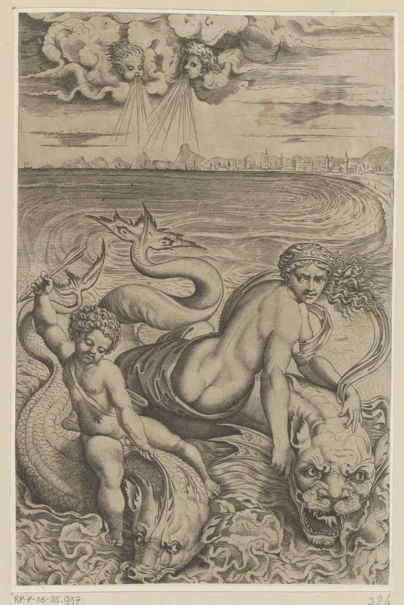 Venus en Amor op dolfijnen by Unknown, print, 1498-1532