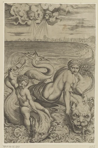 Venus en Amor op dolfijnen by Unknown, print, 1498-1532