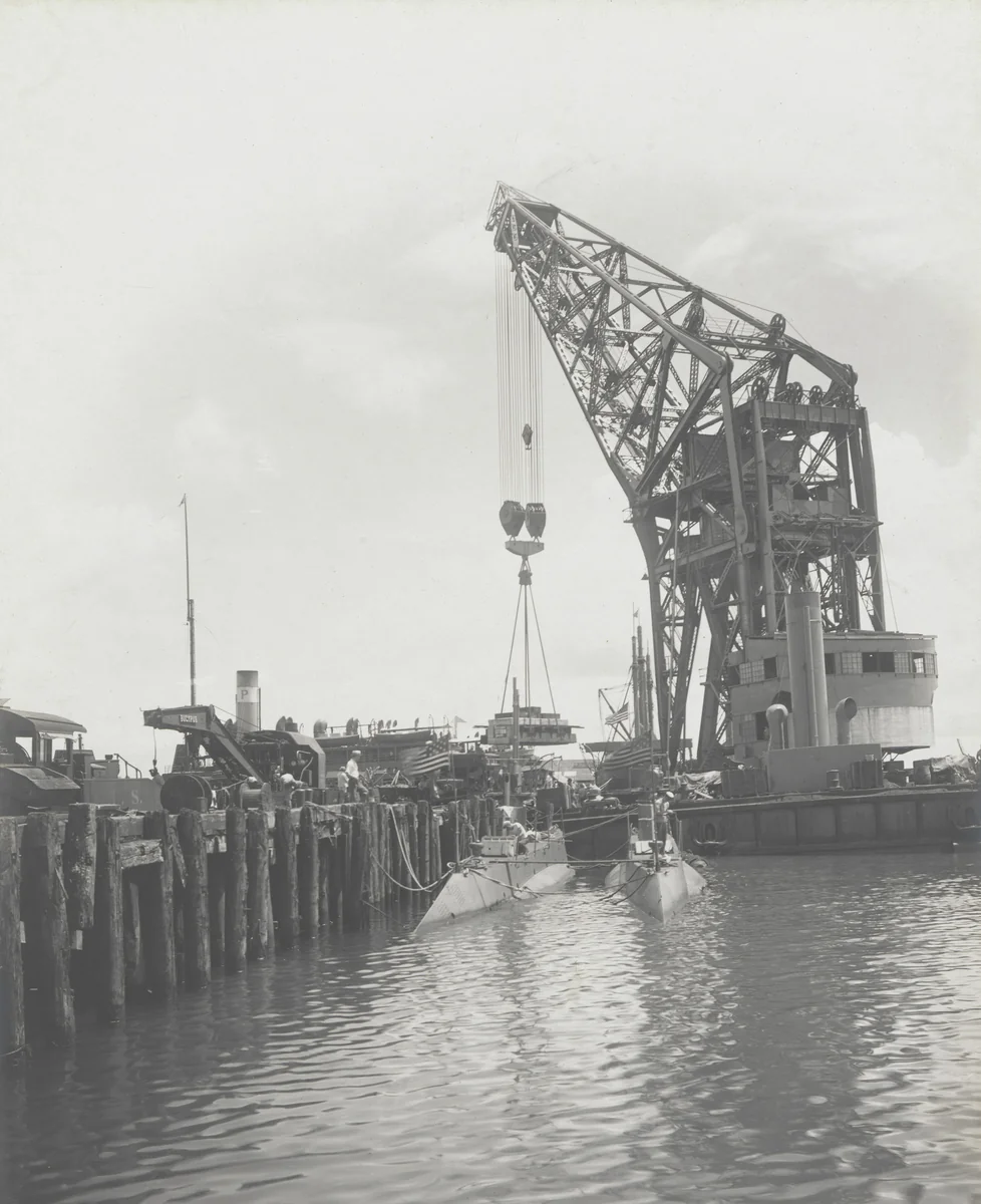Floating crane "Ajax" test. Rotating 150 ton load at rated reach by Unidentified Photographer, photograph, 1915