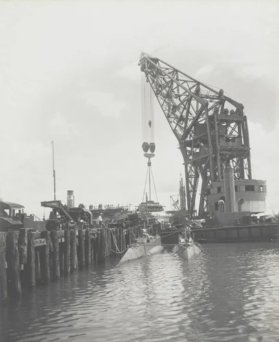 Floating crane "Ajax" test. Rotating 150 ton load at rated reach by Unidentified Photographer, photograph, 1915