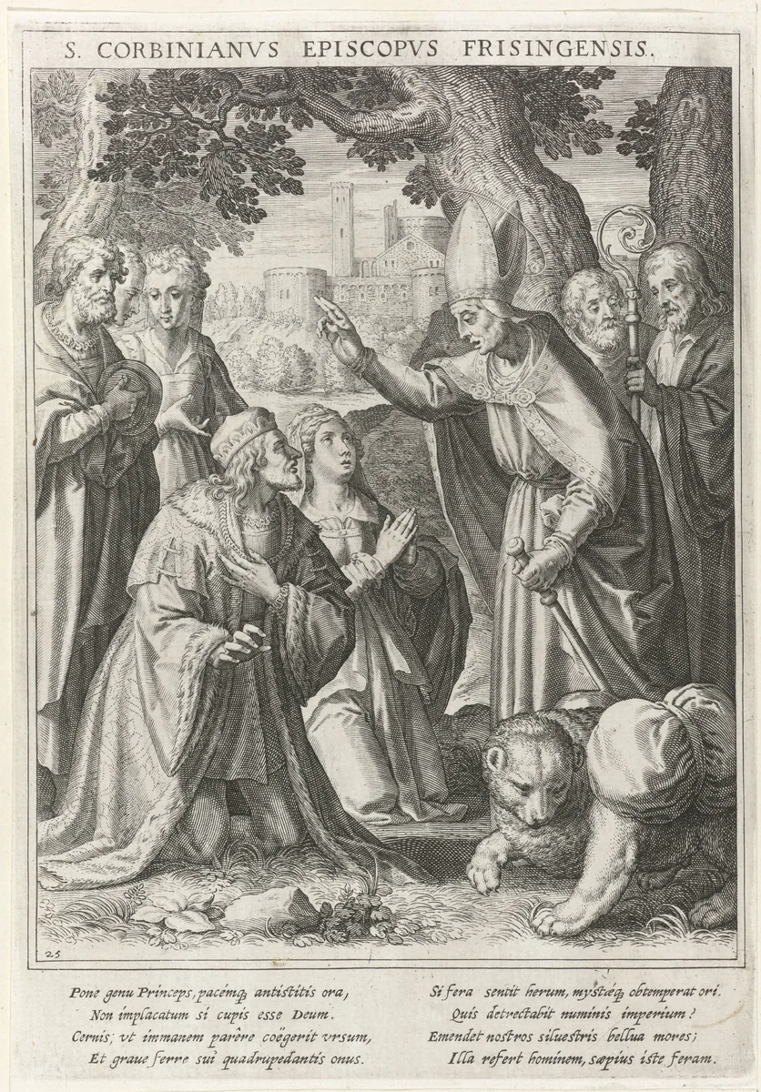 De heilige Corbinianus beveelt hertog Grimoald zijn vrouw te verlaten by Raphaël Sadeler, print, 1615