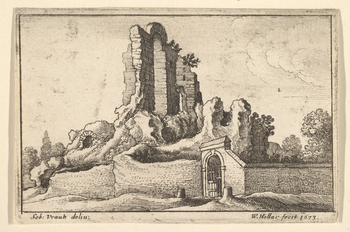 Ruins and a barred gate on the Esquiline Hill in Rome, from "Roman Ruins" by Wenceslaus Hollar, print, 1673