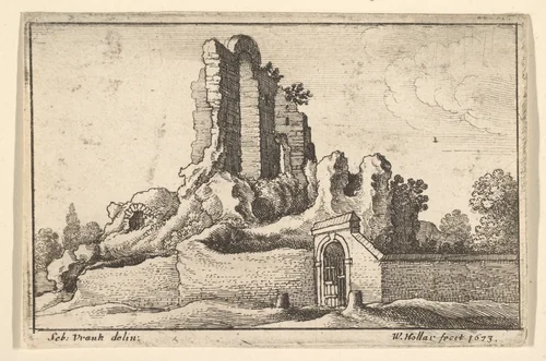 Ruins and a barred gate on the Esquiline Hill in Rome, from "Roman Ruins" by Wenceslaus Hollar, print, 1673