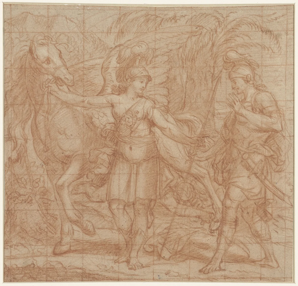 Mythologische voorstelling met Minerva (?) en Pegasus (?) by anonymous, drawing, 1600-1699